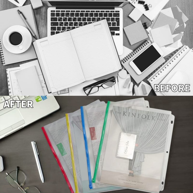 YoeeJob 8 Packs 3-Hole Clear Zipper Binder Pockets  Binder Insert Pages with Card Slots Suitable for School or Office to Organize Document  white - Image 3